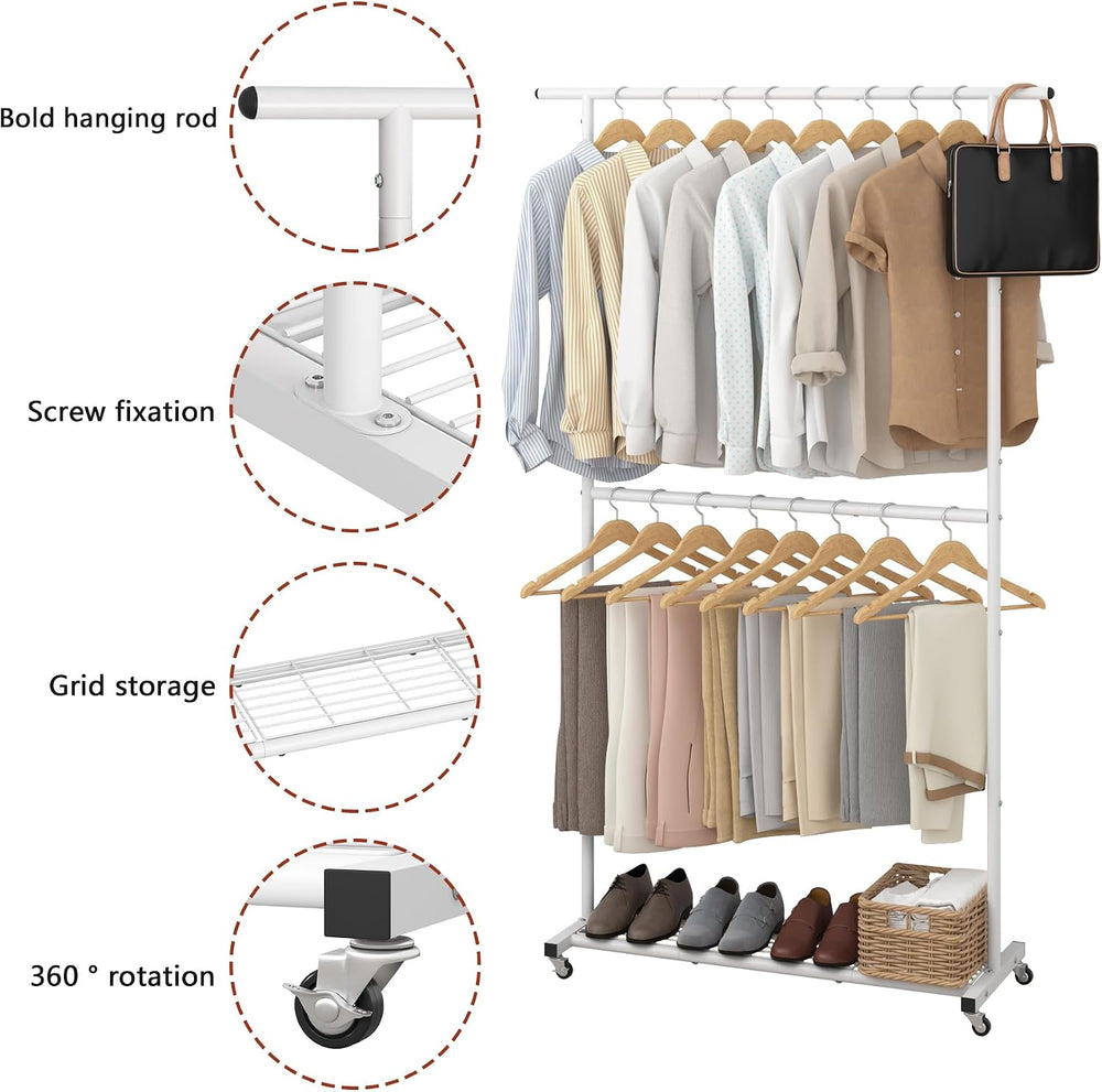 Sywhitta Double Rod Metal Clothing Rack on Wheels with Bottom Mesh,White