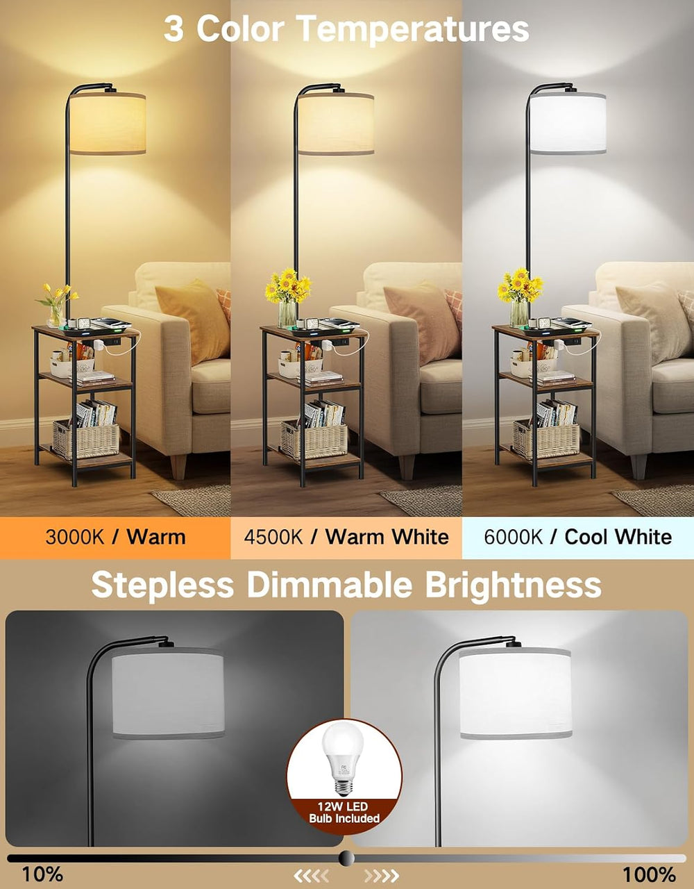 Floor Lamp with Table & Remote, Side End Table with Charging Station, Dim...