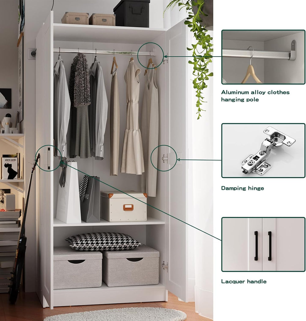 Fenghua Lizhi Wood White Wardrobe Closet with 2 Doors and 2 Drawers,Bedroom F...