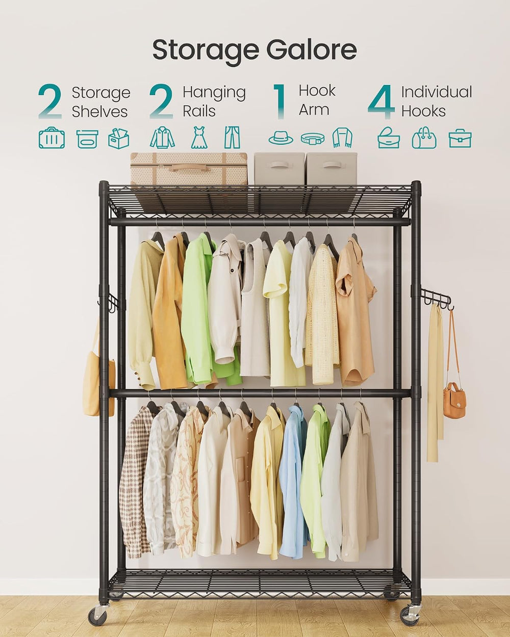 SONGMICS Heavy-Duty Clothes Rack, Portable Closet on Wheels, Garment Rack
