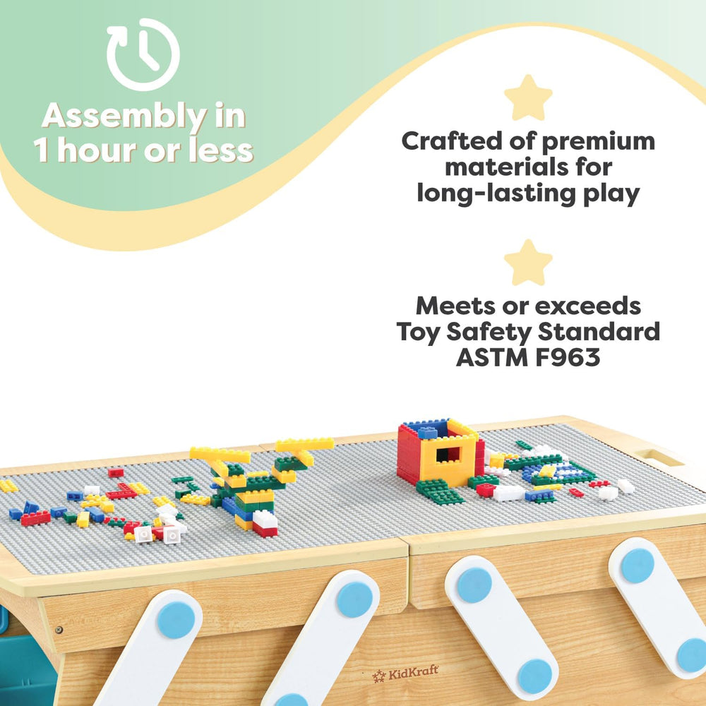 KidKraft Building Bricks Play N Store Wooden Table with 200+ Bricks, 3 Bins