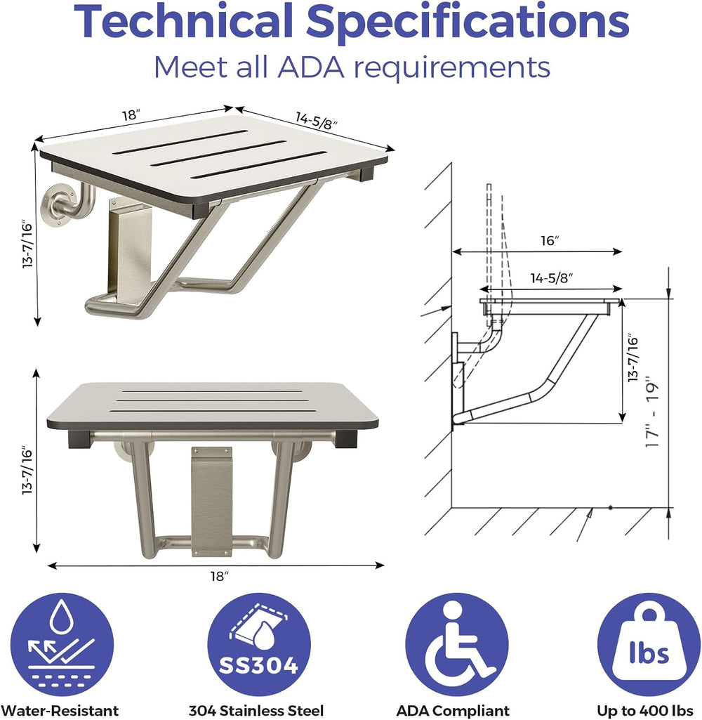 Stardrix 18" x 16" ADA Compliant Phenolic White Folding Shower Seat...