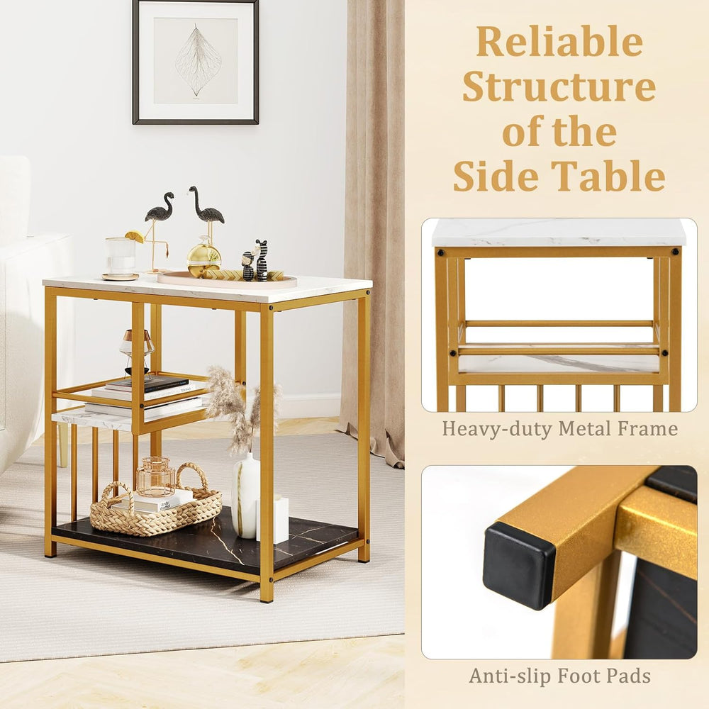 GOFLAME Faux Marble End Table, 3-Tier Sofa Side Table with Storage Shelves, G...