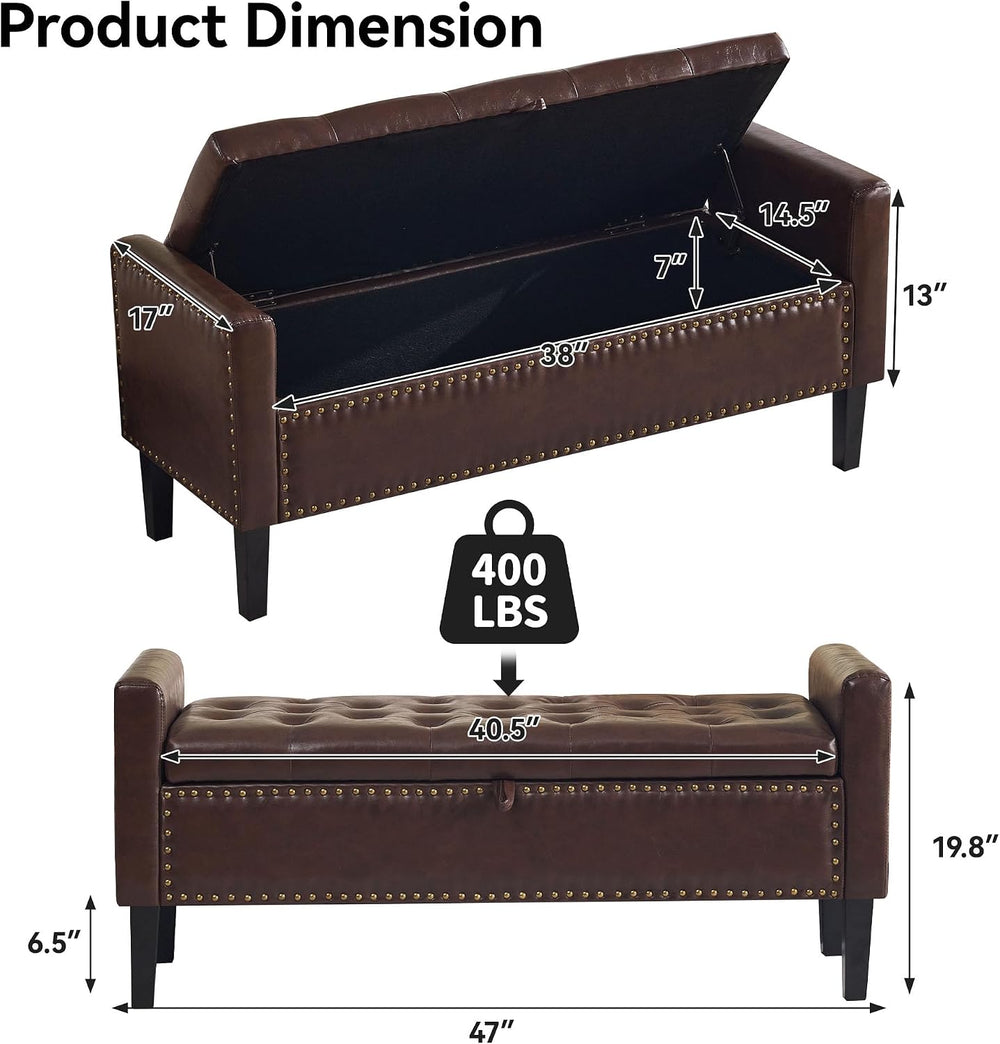 WUTUTUEE 47" Modern Water-Resistant Faux Leather Storage Ottoman Bench w...