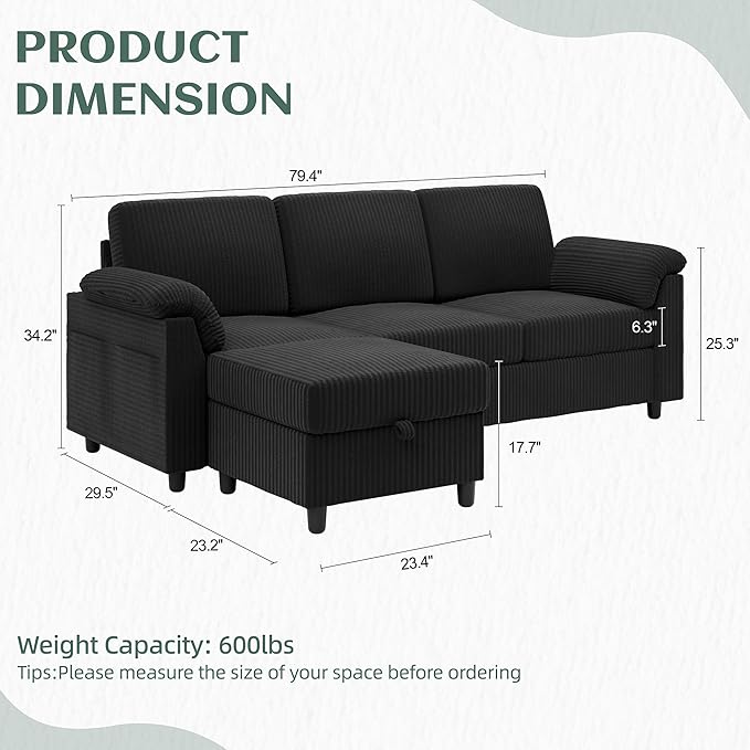 Vongrasig Convertible Sectional Couches, 3 Seat L Shaped Couch Sofa with Remo...
