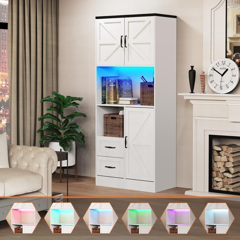 Bigbiglife Farmhouse Kitchen Pantry Cabinet with LED Lights and Power Strip, ...