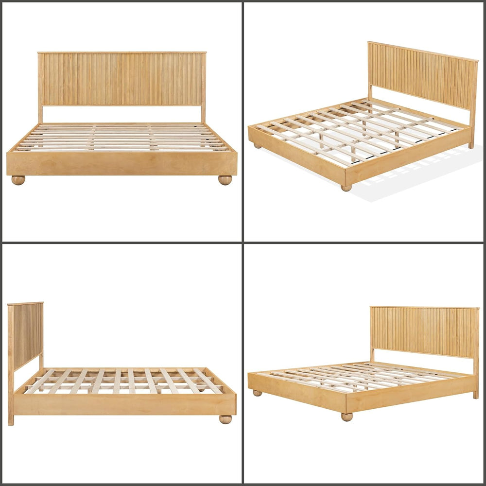 Merax King Size Bed Frame with Reeded Headboard, Natural Wood Platform Bed Fr...