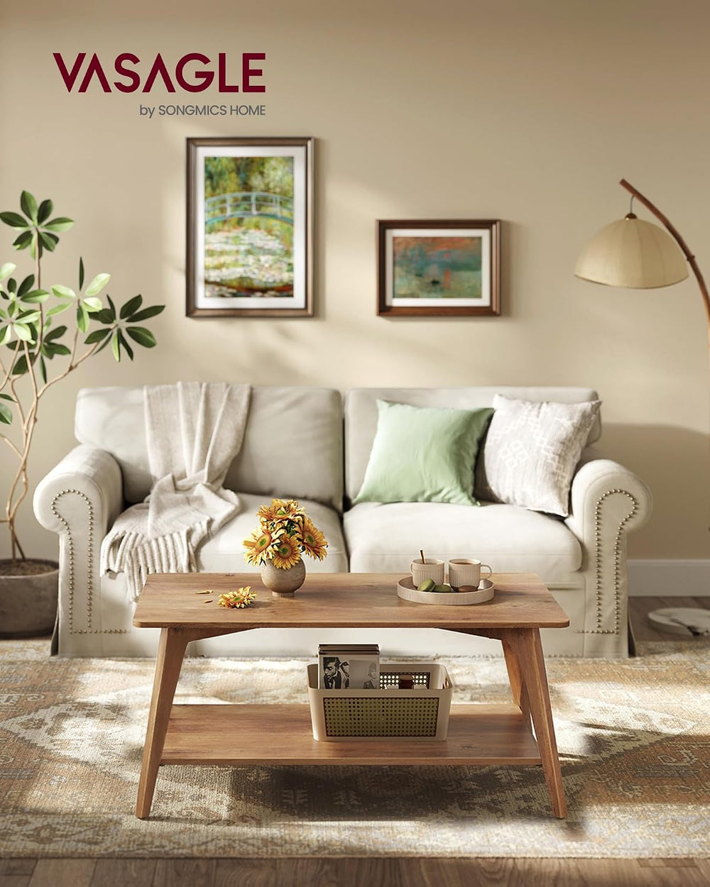 VASAGLE Coffee Table, 2-Tier Center Table with Storage, Tapered Legs