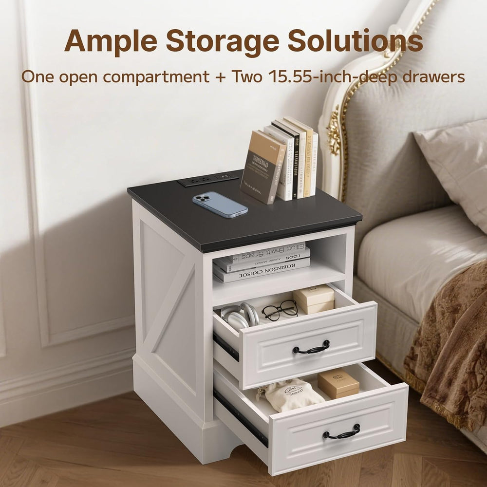 Eondon 18" Farmhouse Nightstand with Charging Station, 2 Drawers Bedside...