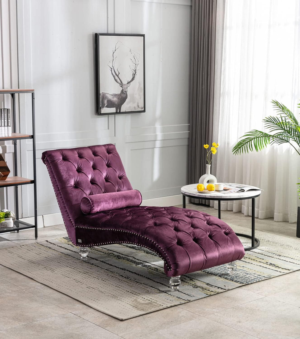 Velvet Chaise Lounge Chair with Toss Pillow, Modern Tufted Button Lounge Chai...