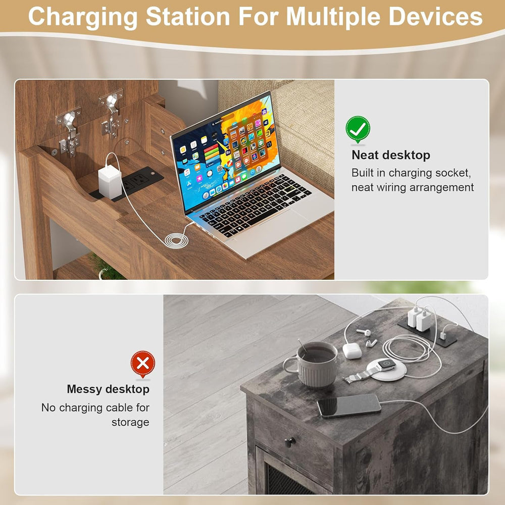 End Table with Charging Station 24'' Nightstand with Charging Station...