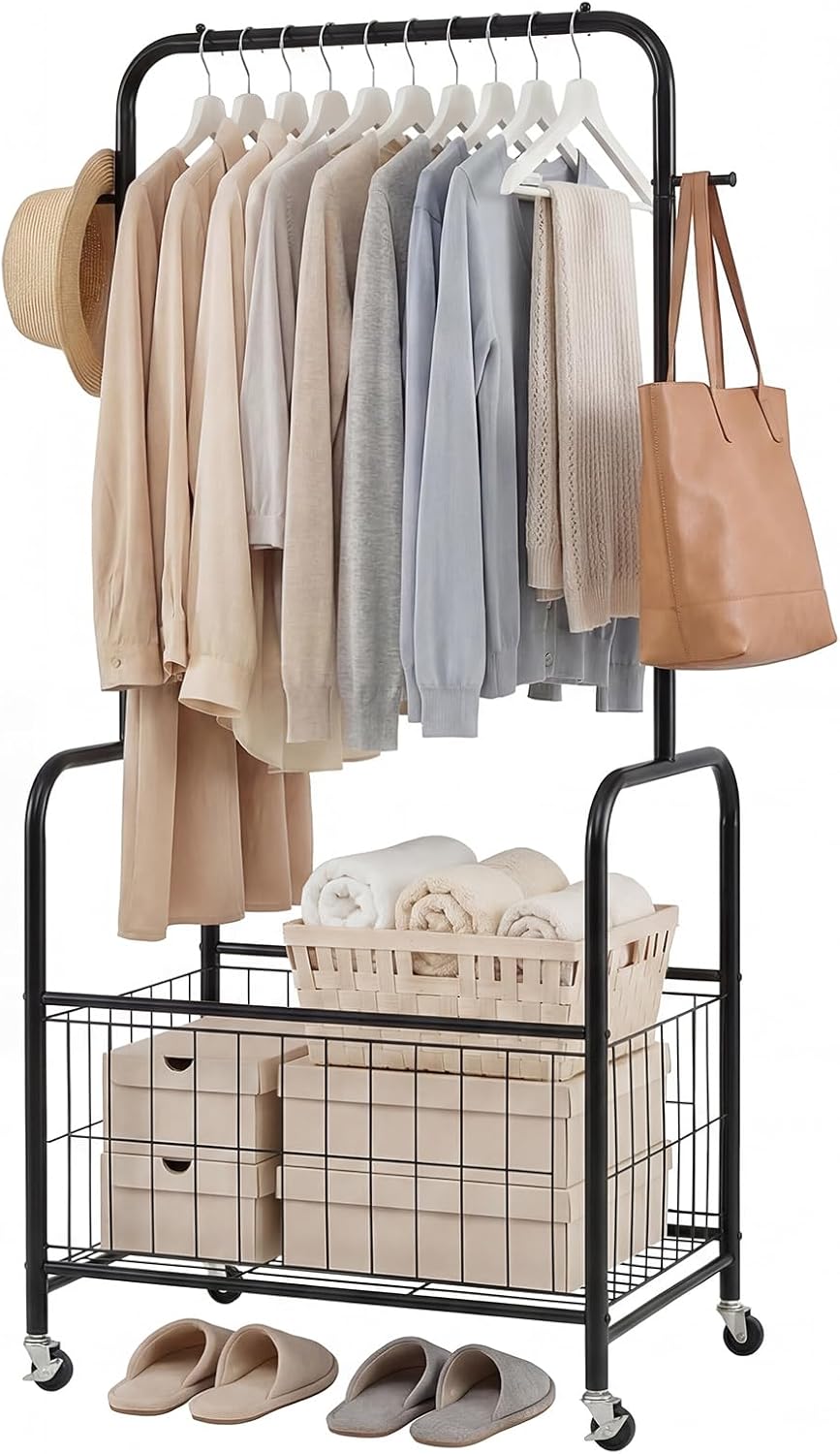 GIANTEX 35" Clothes Rack with Storage Basket,Heavy-Duty Clothing Rack wi...