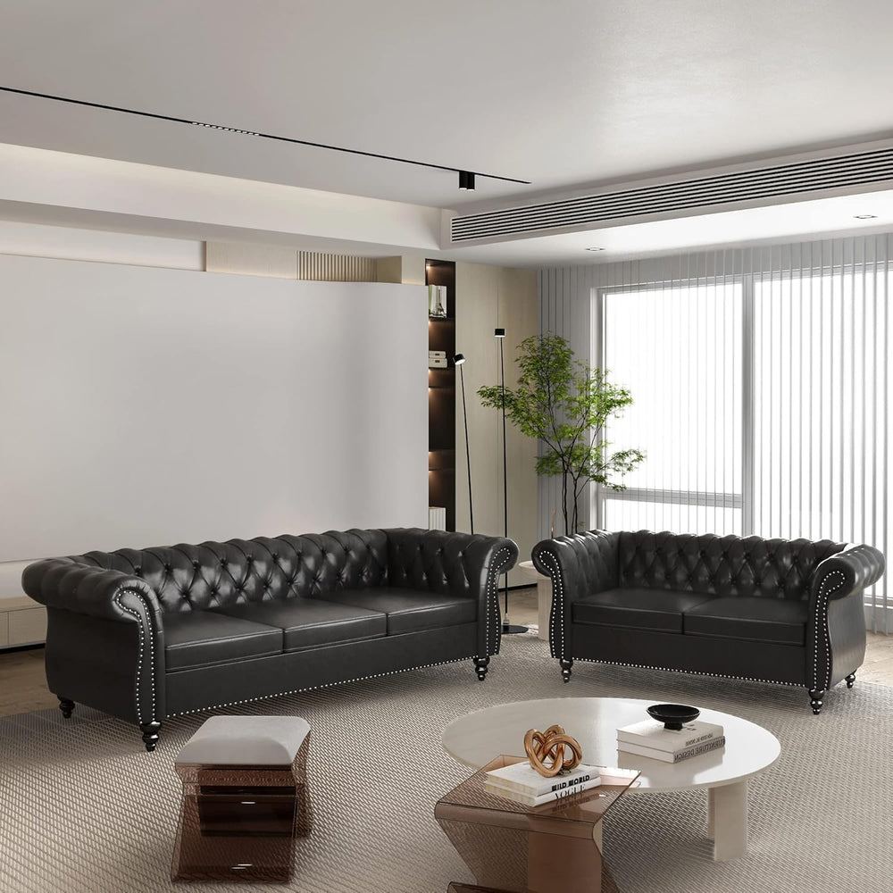 AVZEAR 84" Chesterfield Sofa 3-Seater, Classic Roll Arm PU Leather Couch...