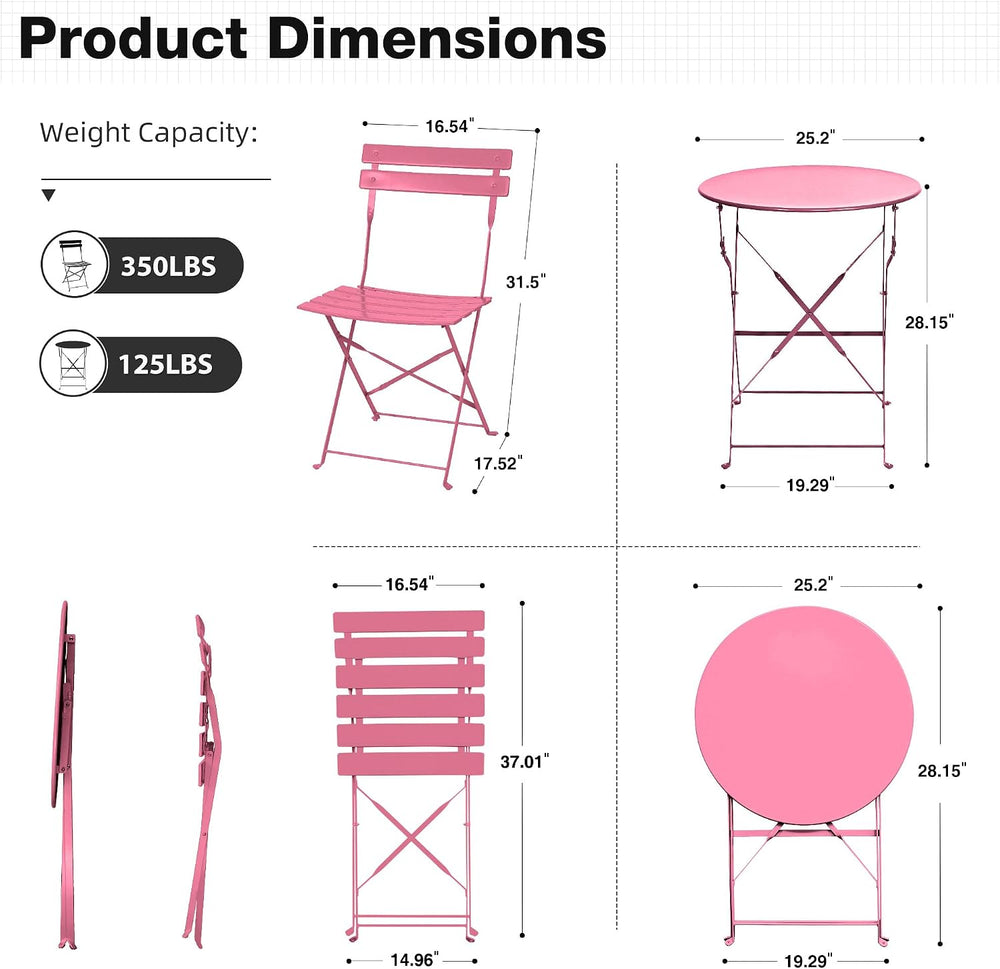 3 Pieces Bistro Set, Patio Table and Chairs Set,Rose Red