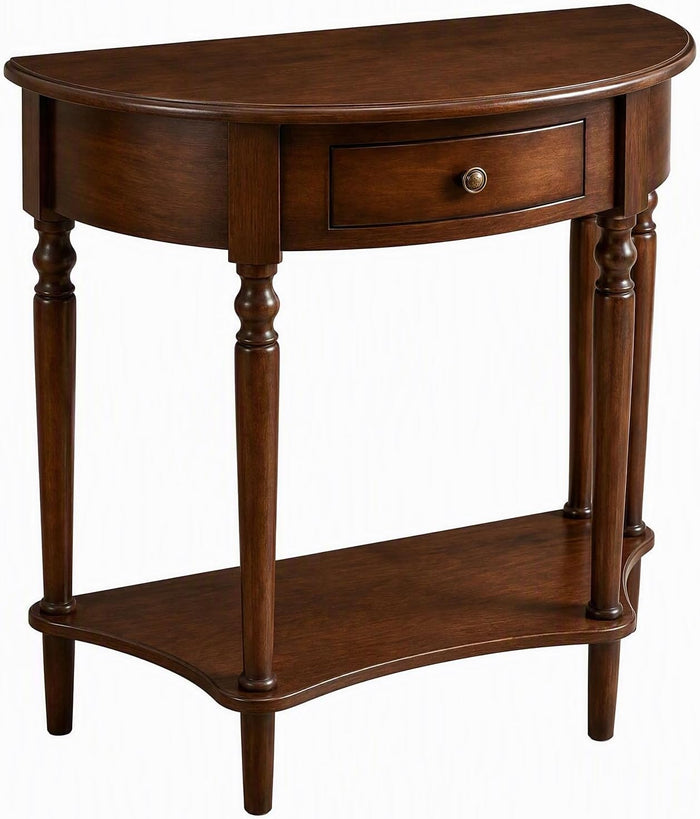 Half Moon Table, Table Solid Wood with Drawer Half-Moon Porch Side Elegant Vintage, Semi-Circle Entryway Storage Shelf, for Hallway Entrance Decor(Walnut-Colored, 23.6" L x 11.8" W x 31.5" H)