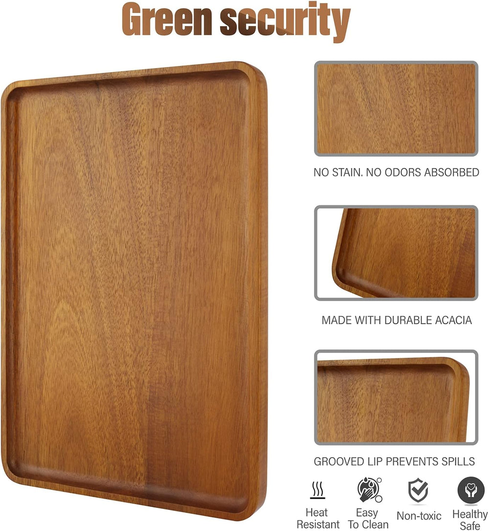 2 PCS 13 x 9 in Solid Acacia Wood Serving Trays Rectangular Wooden Serving Pl...