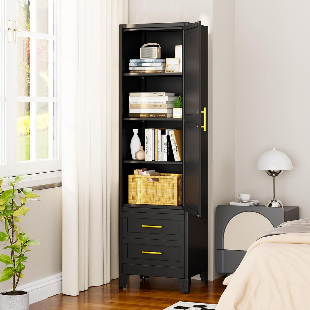 67" Tall Narrow Metal Storage Cabinet, Freestanding Pantry Organizer, Bl...