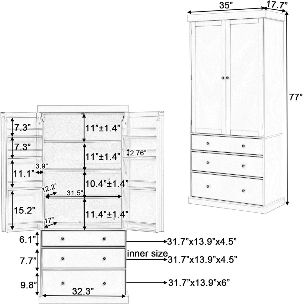 77inch Kitchen Pantry, Freestanding Tall Cupboard Storage Cabinet with 3 Adju...