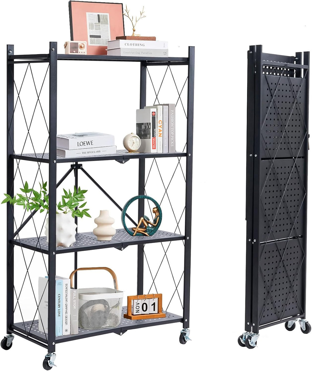 BRIAN & DANY 4-Tier Foldable Storage Shelves with Wheels, Folding Metal R...