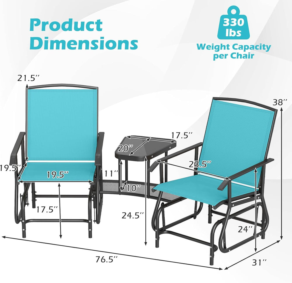 Tangkula 2-Seater Outdoor Glider Bench with 2-Tier Center Table (Turquoise) |...