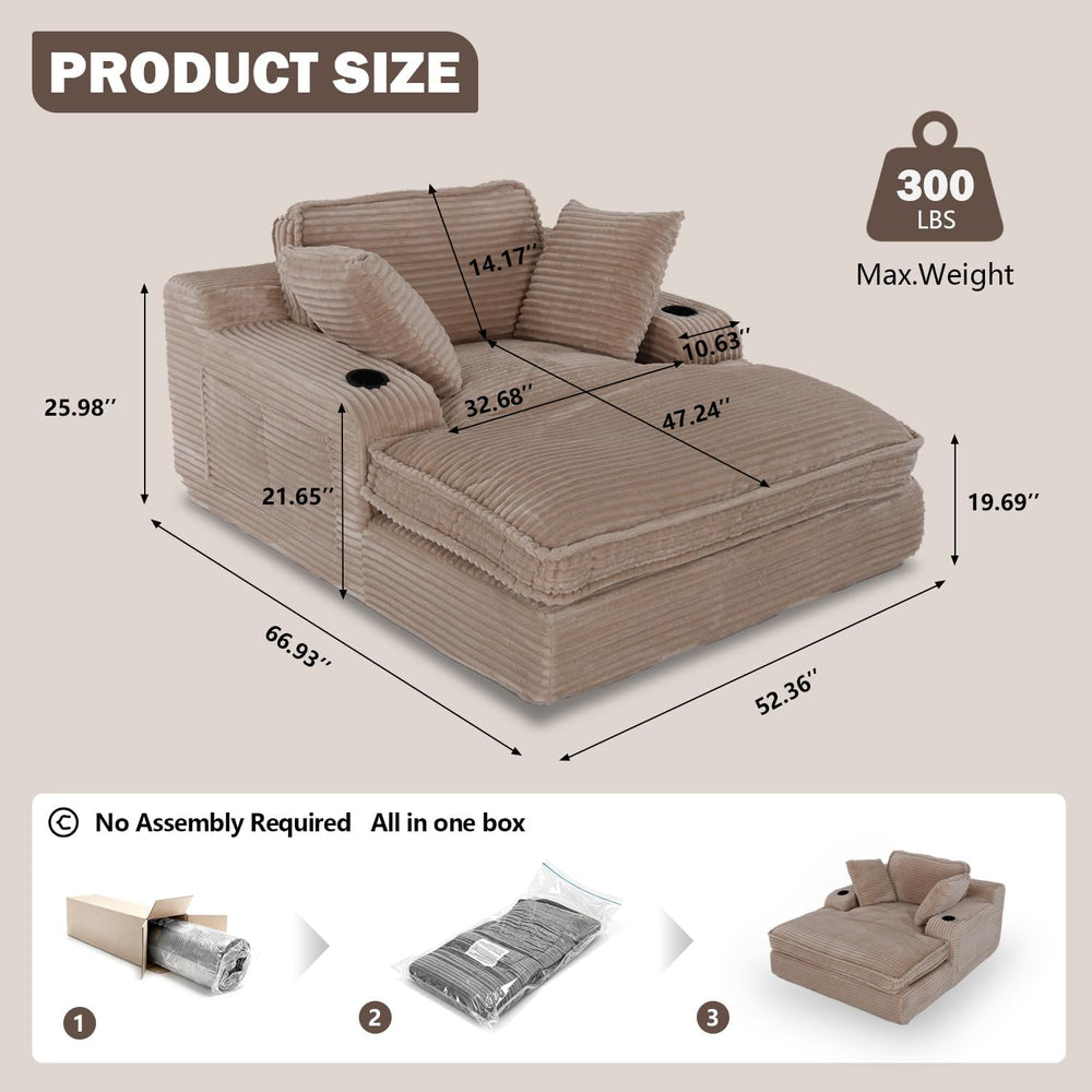 67" Oversized Chaise Lounge Chair Indoor, Soft Cloud Couch, Camel