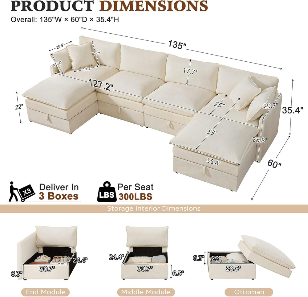 Ihanherry 135” Modular Sectional Sofa with Storage, U Shaped Cloud Couch with...