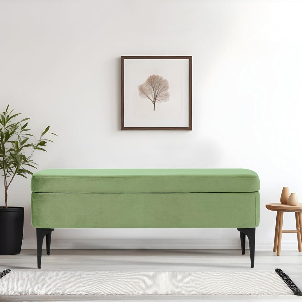 HomePop Upholstered Storage Bench with Metal Leg, 42" W, Green Velvet