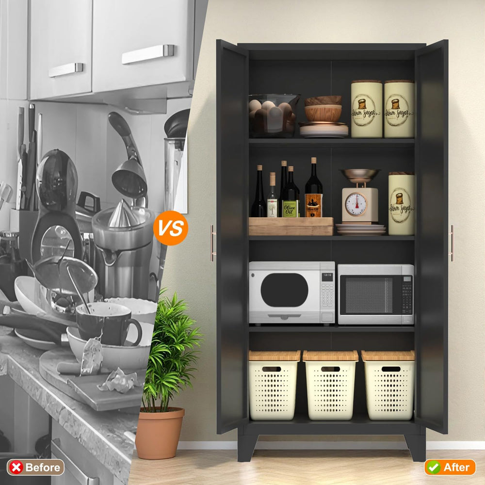 61" Tall Kitchen Pantry Cabinet, Black Metal Garage Storage Cabinet with...