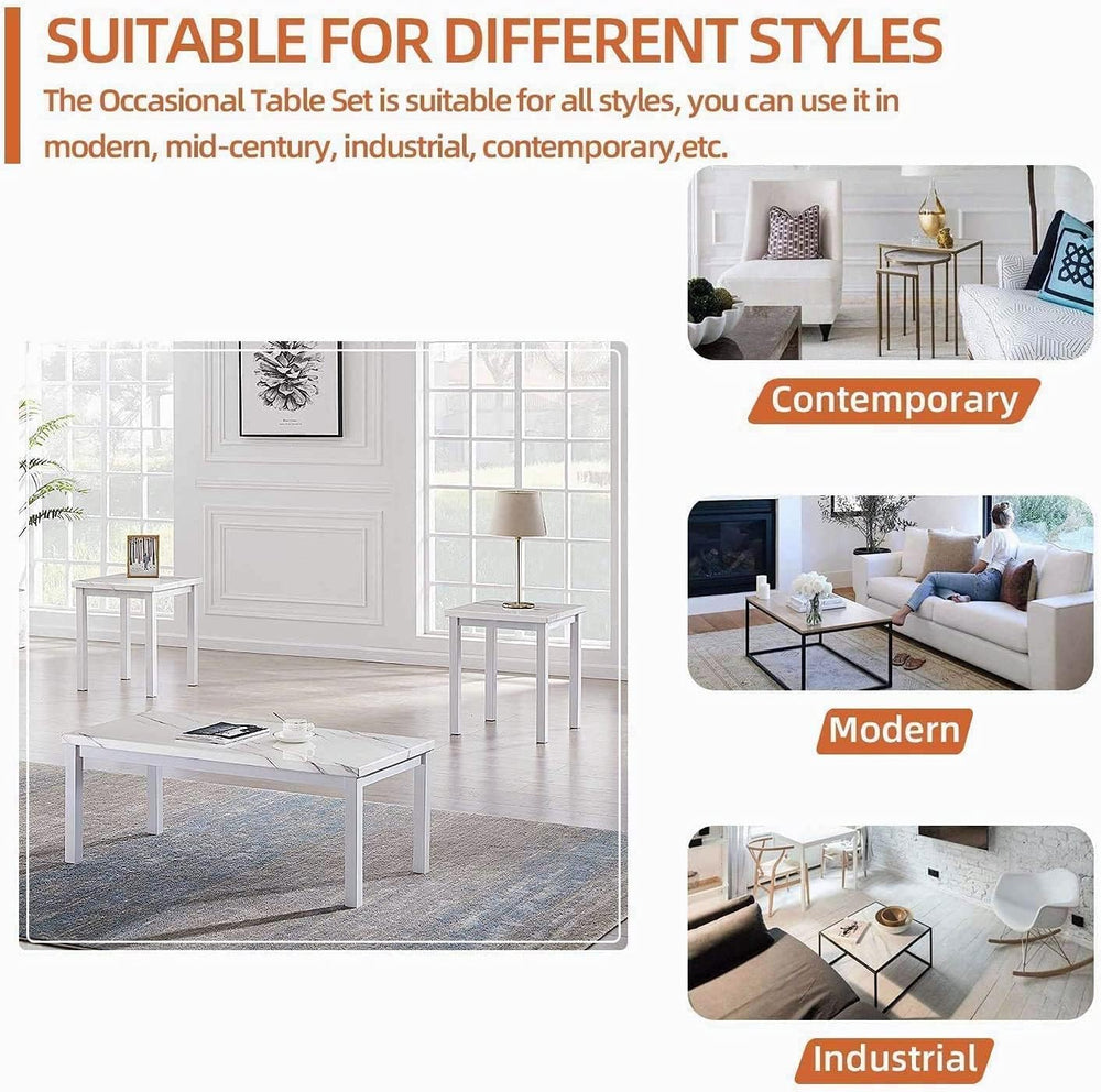 Hooseng 3 Piece Coffee Table Set, Faux Marble Tabletop Style with Black Metal...