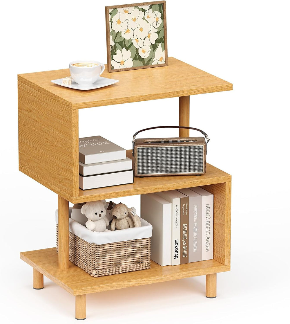 Apicizon S-Shaped Side Table, 3-Tier Nightstand with Solid Wood Legs, Slim Be...