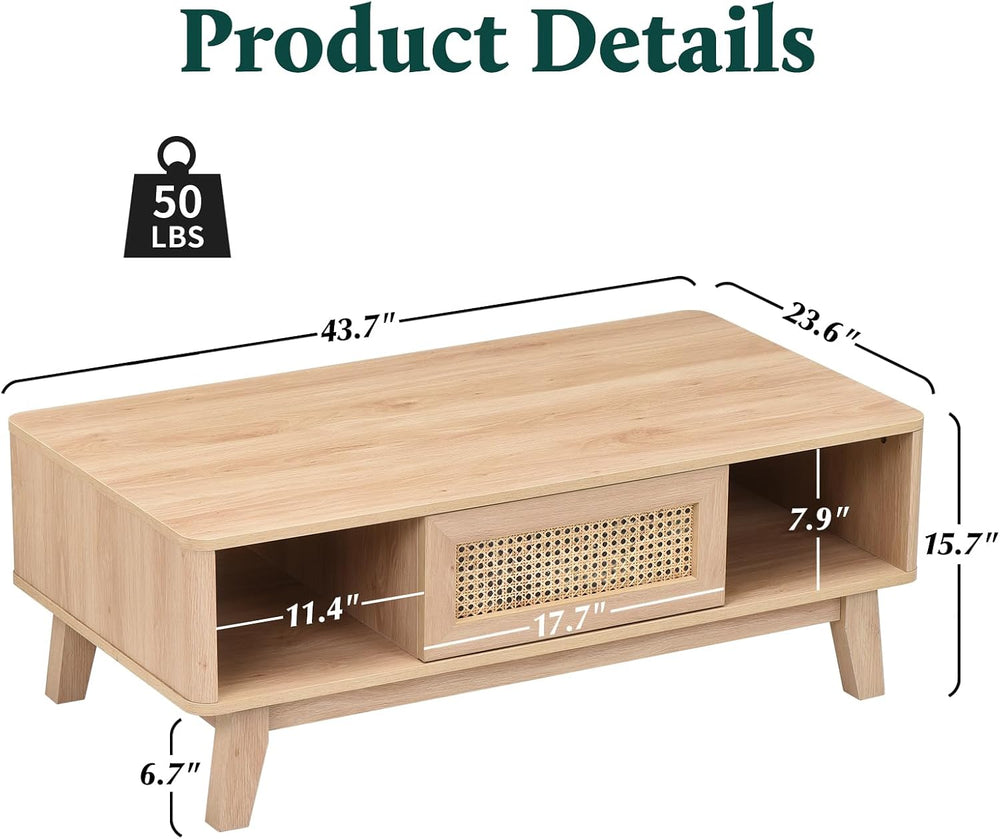 Farini Mid Century Modern Square Coffee Table with Rattan Drawer and Solid Wo...