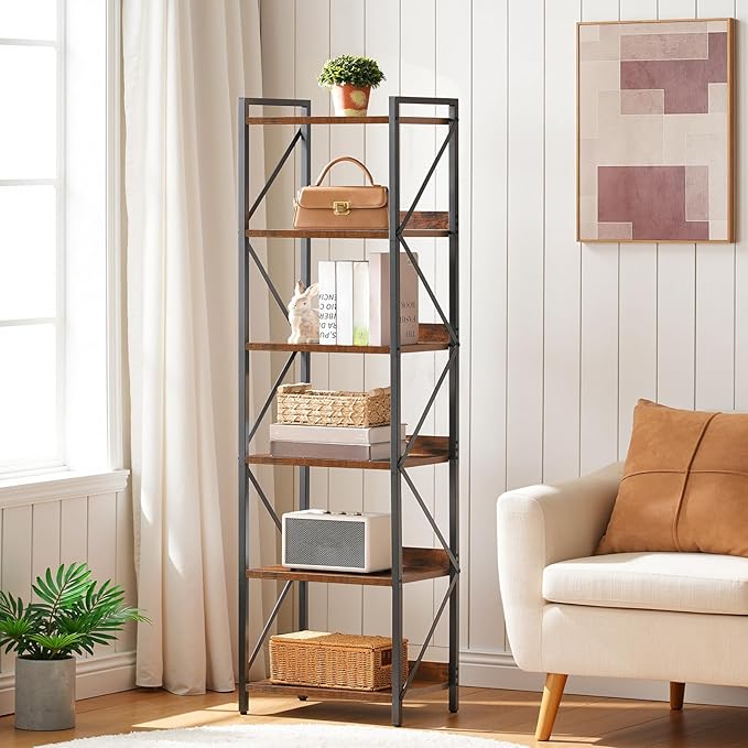 HOOBRO Bookshelf, 6-Tier Industrial Bookcase, Book Shelf Storage Organizer, T...