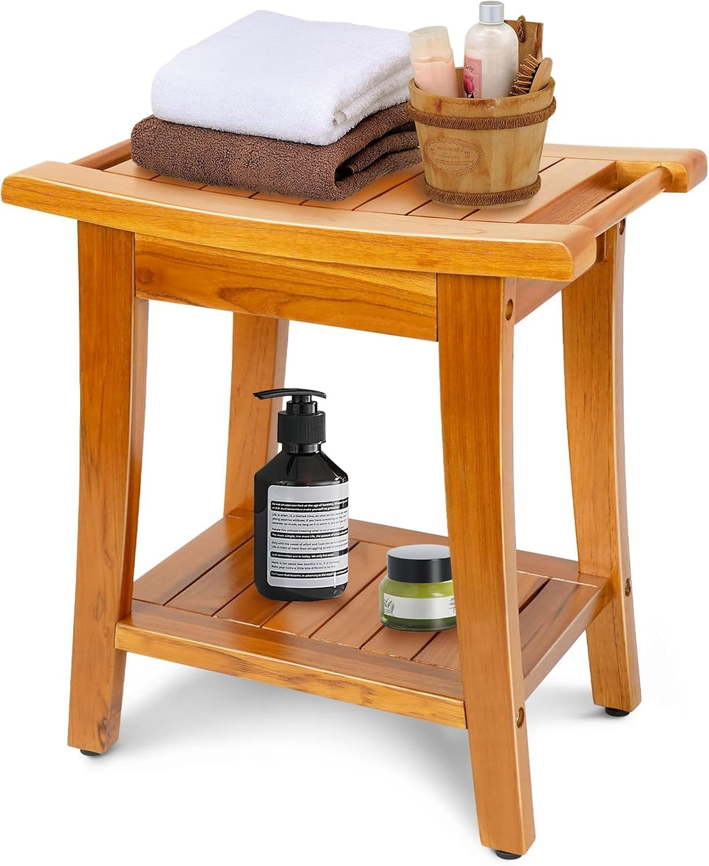 16" Compact Teak Shower Bench with Shelf & Handle, Solid Premium Tea...
