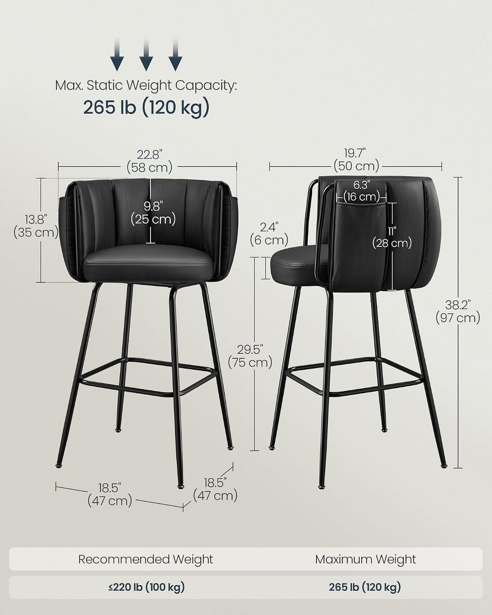 SONGMICS Home Bar Stools Set of 2, 360° Swivel,Bar Height