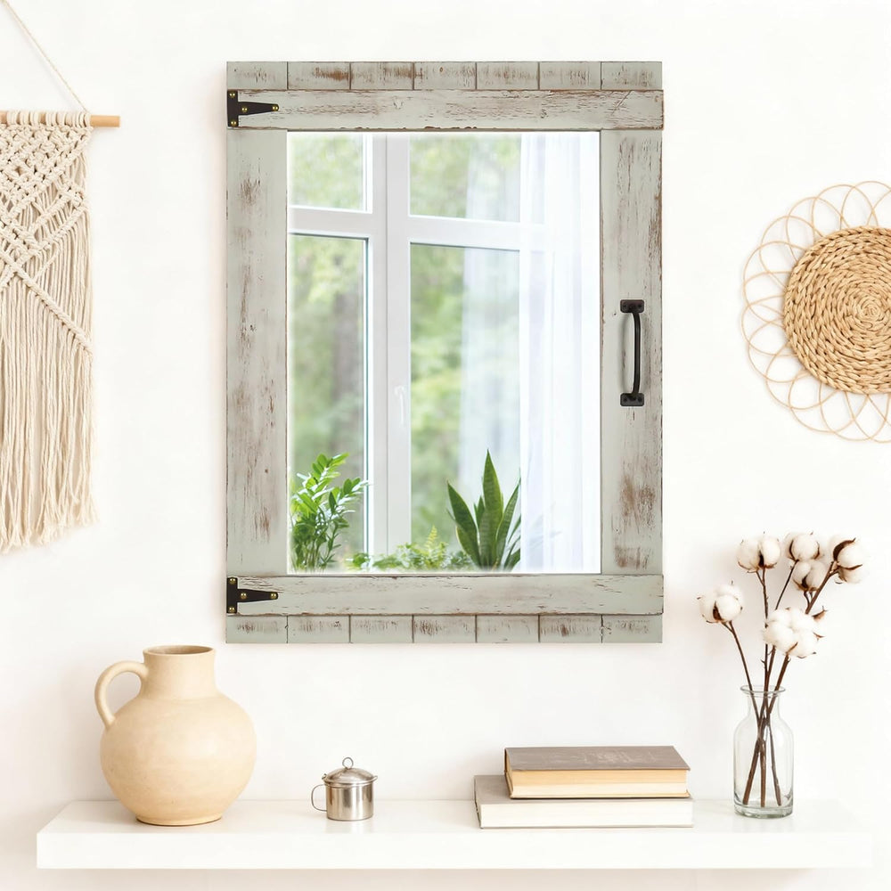 Oakrain Farmhouse Mirror, 24x32 Inch Distressed Gray Wood Frame with Black Me...