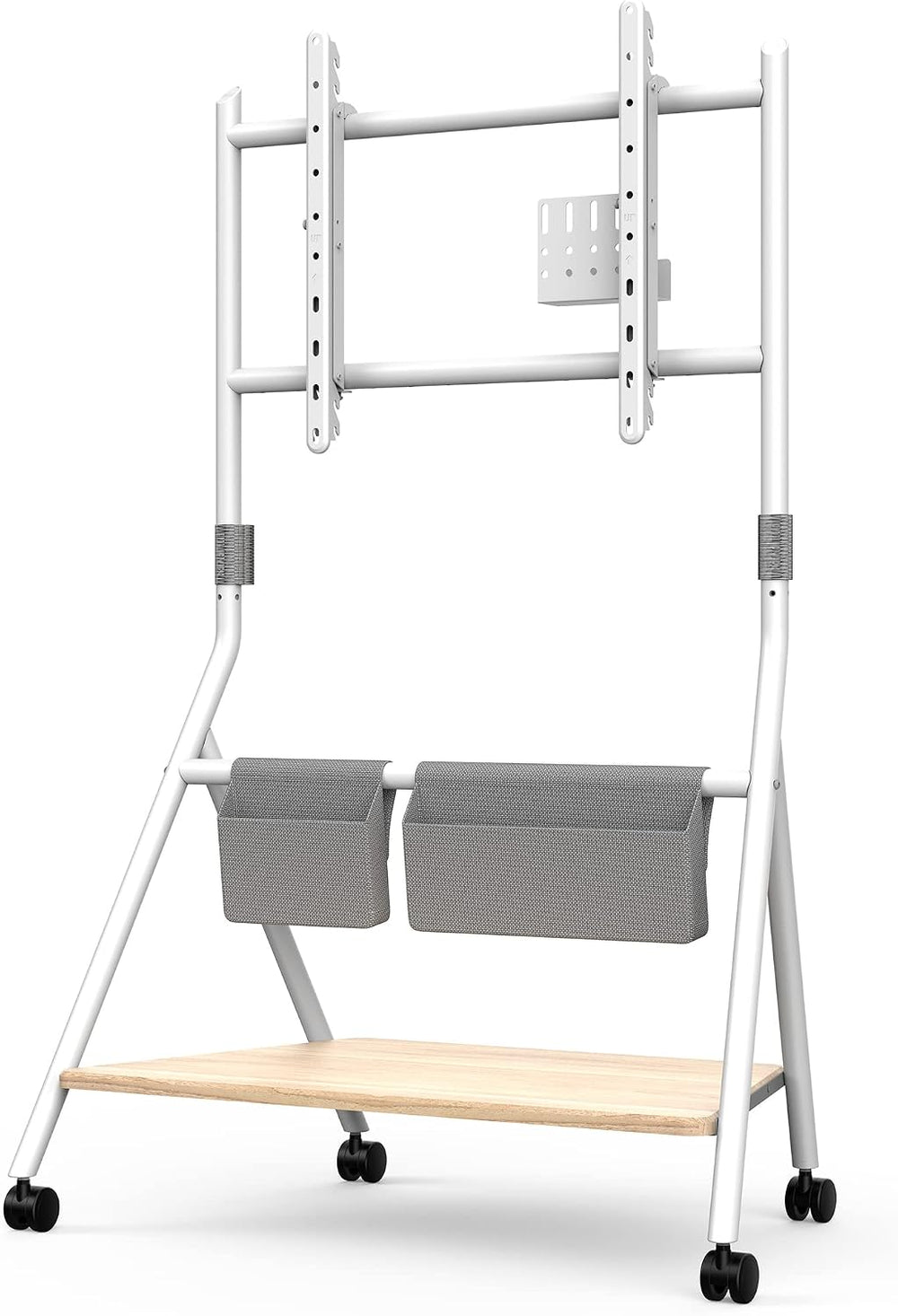 FITUEYES Mobile TV Stand for 55-78 Inch TVs with Wooden Storage Shelf, White