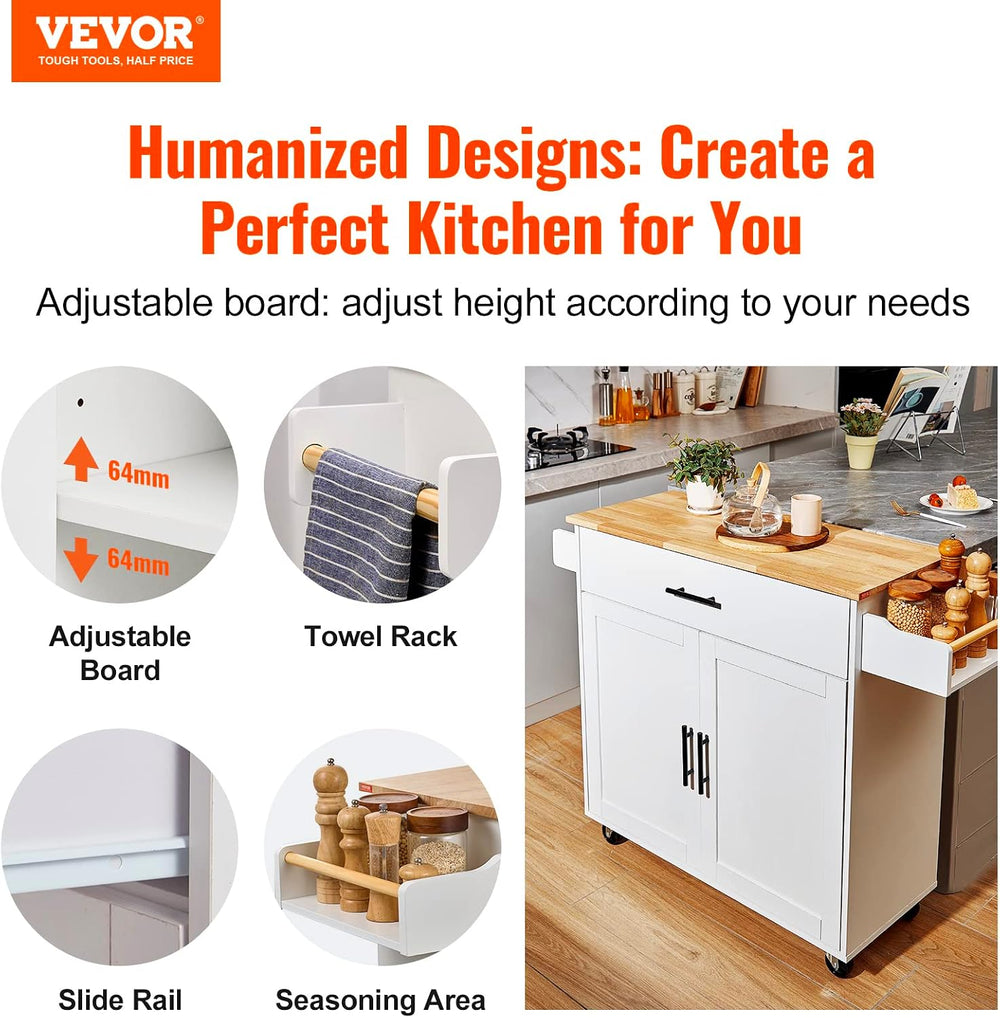 VEVOR Kitchen Island Cart with Solid Wood Top, 35.4" Width Mobile Carts ...
