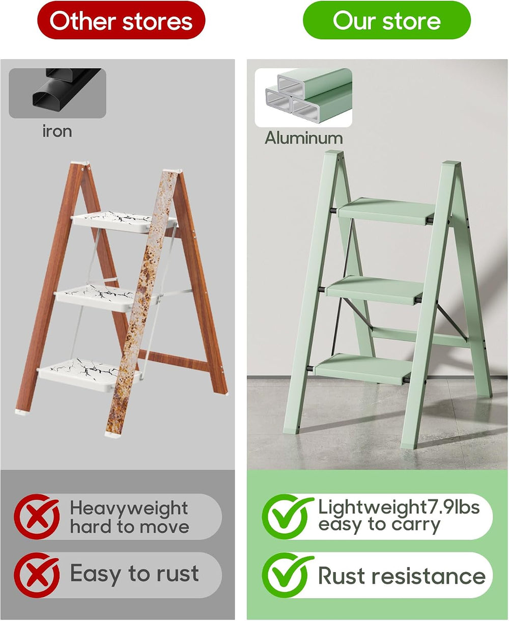 HillhutApex Aluminum Step Stool Foldable,3 Step Ladder (Pale Green)