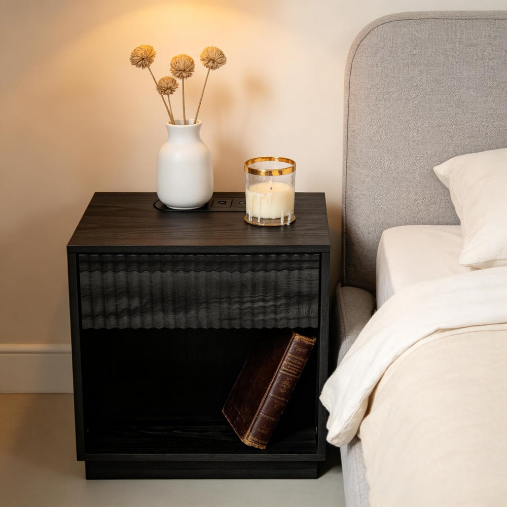 Night Stand with Charging Station, 23 Inch Tall Fluted Modern Bedside Table w...