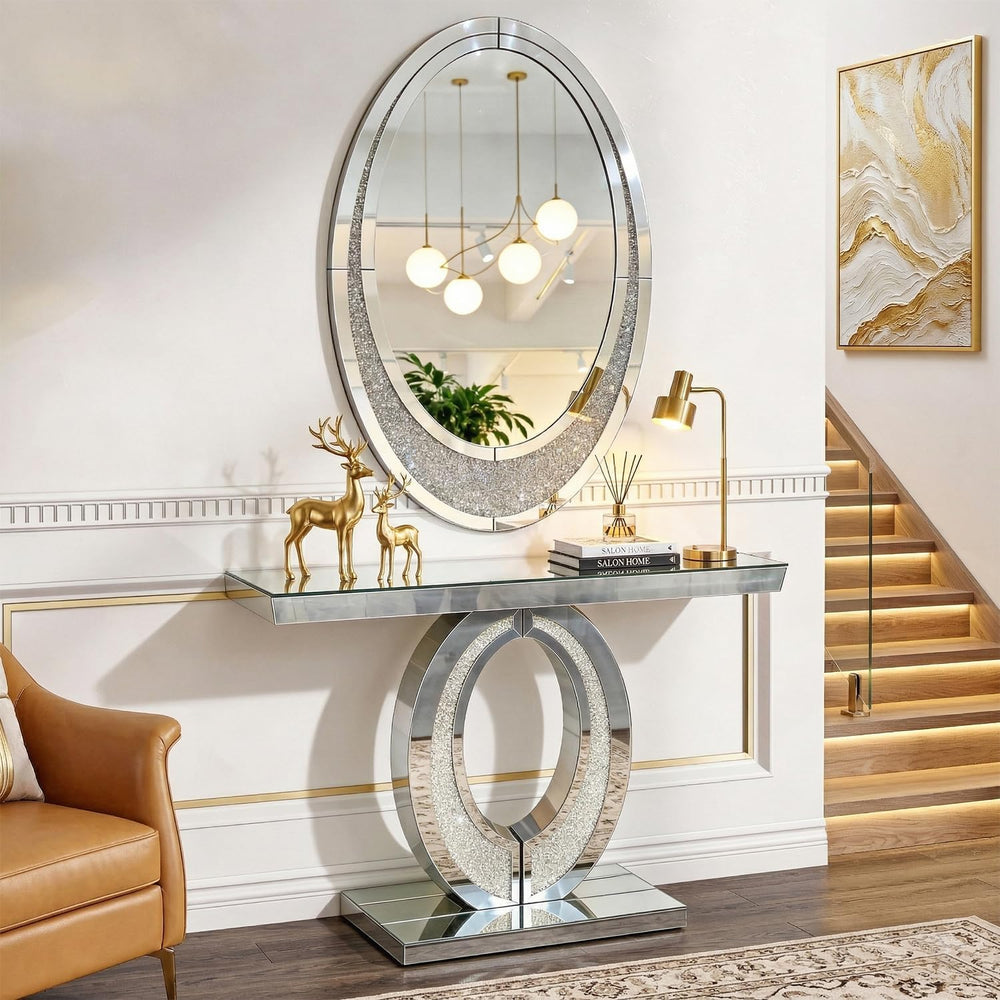 39‘’ Modern Mirrored Console Table with Crushed Diamond, Shatter-Proof Packag...