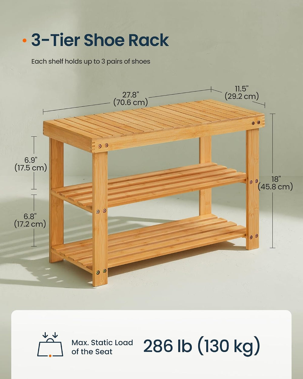 SONGMICS HOME 3-Tier Bamboo Shoe Bench, Shoe Rack, for Entryway Bathroom Bedr...