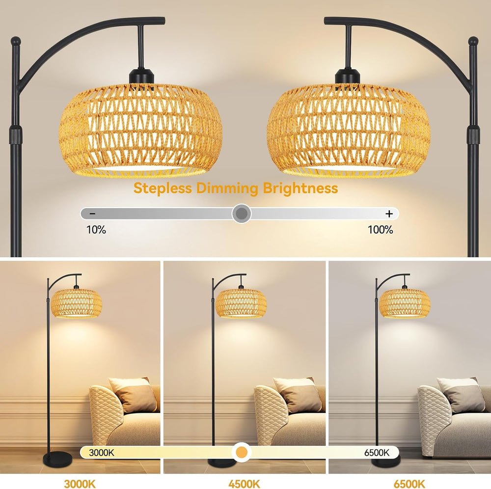 Arc Floor Lamps for Living Room Rattan Boho Floor Lamp with Remote Control,Di...