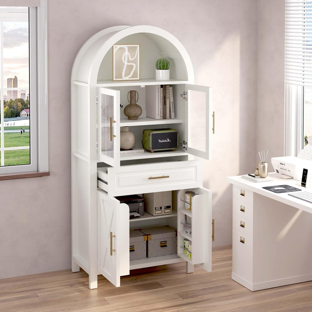 71" Arched Farmhouse Pantry Cabinet with Glass Barn Door, Versatile Cupb...