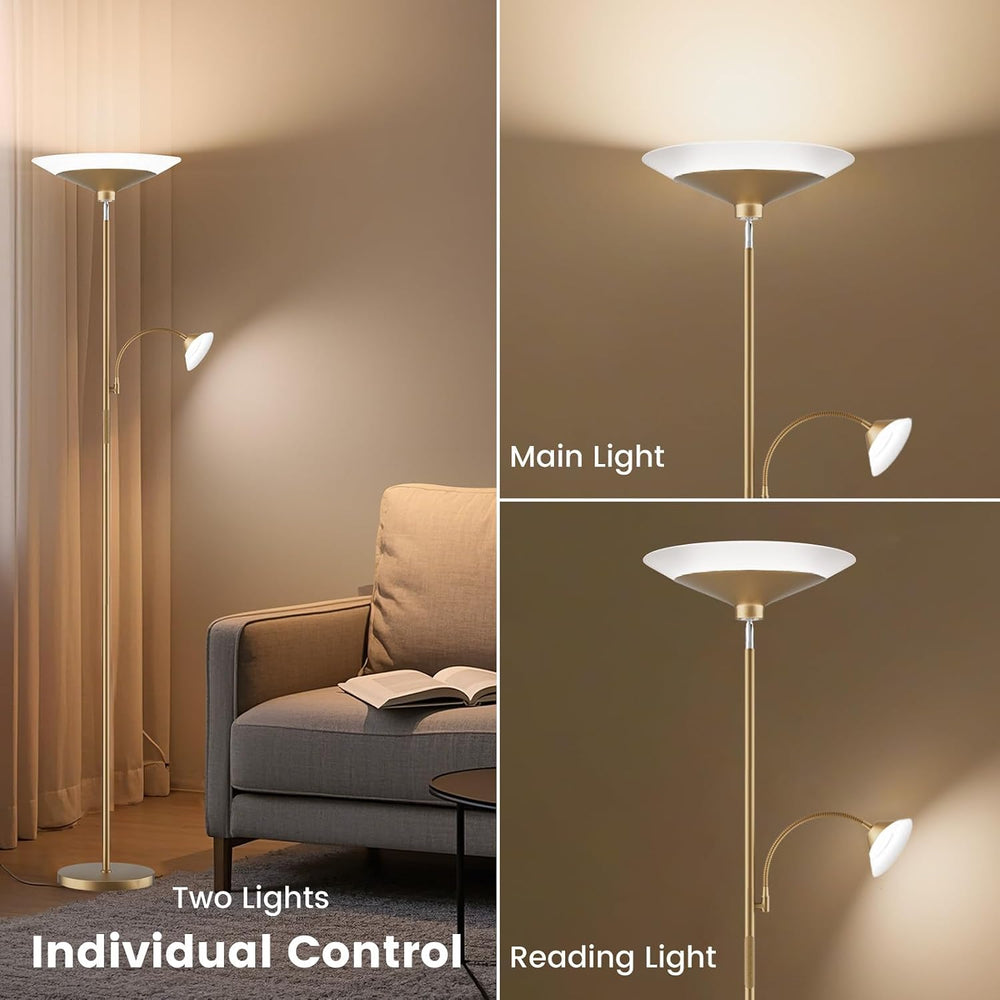 SIBRILLE Gold Torchiere Floor Lamp - 2 Way LED Standing Lamp with Reading Lig...