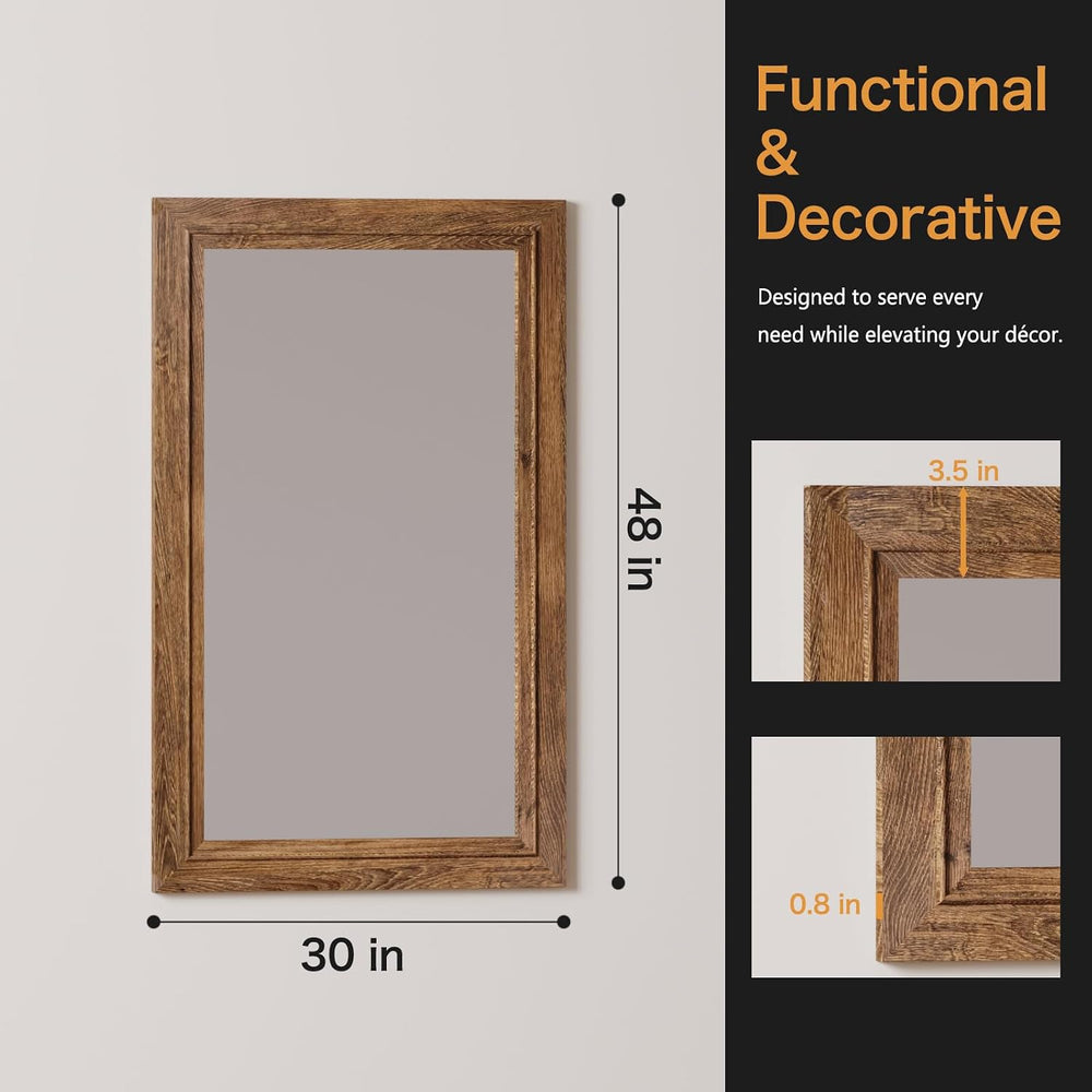 Rustic Wall-Mounted Vanity Mirror, Solid Wood Frame Bathroom Mirror, Farmhous...