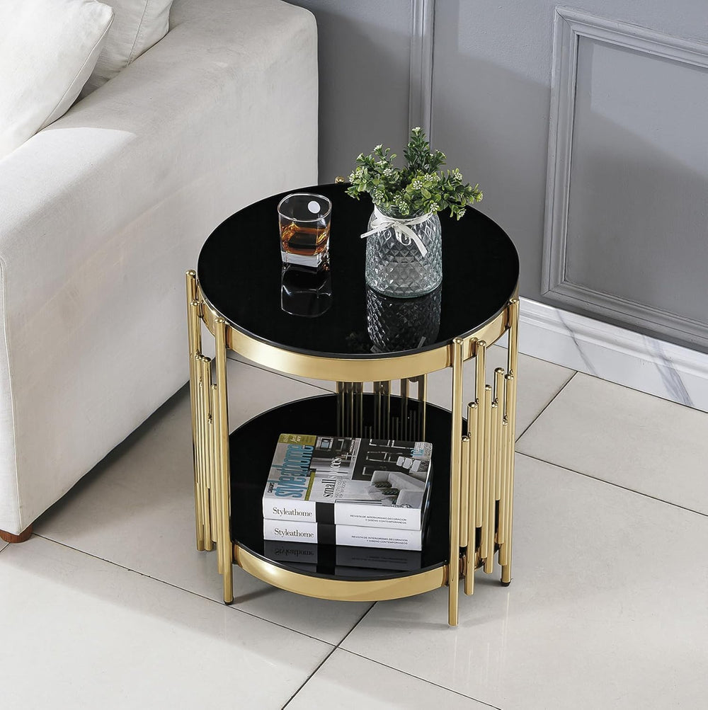 Luxury Glass Circular Coffee Table Set of 3, Black Glass Coffee Table and 2 B...