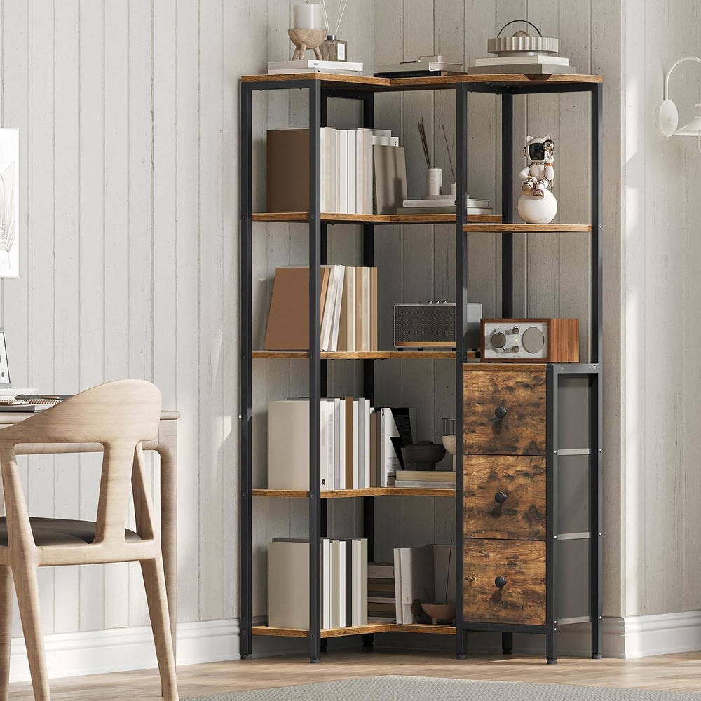 YATINEY Corner Bookshelf, 5-Tier L-Shaped Bookcase with 3 Fabric Drawers, Sto...