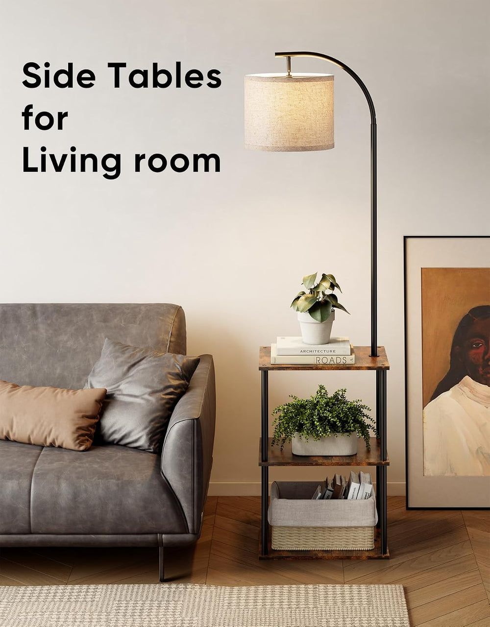 PARTPHONER Floor Lamp with Table, Night Stand with Lamp, Narrow Side Table wi...