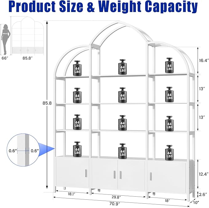 Triple Wide 5 Tier Tall Arched Bookshelf and Bookcase with 3 Cabinets, Indust...