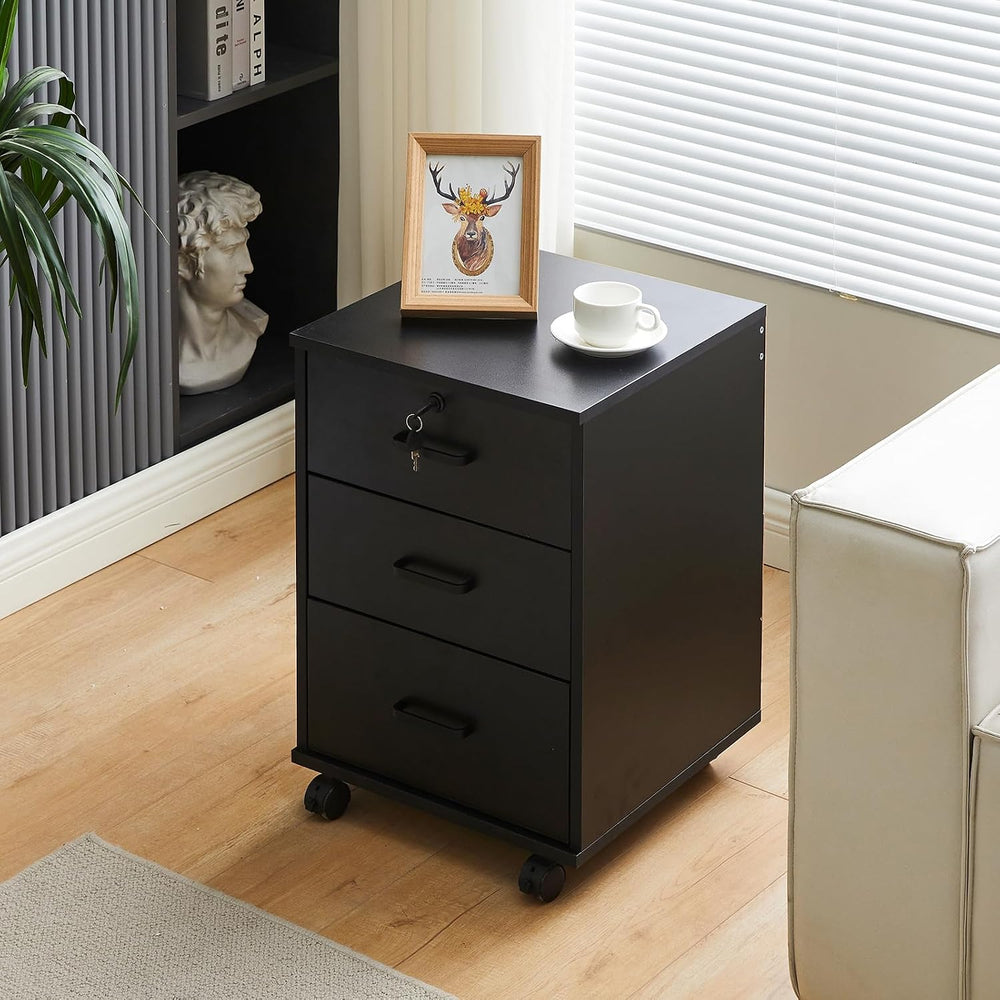 TUKAILAi Mobile File Cabinet with 3 Drawers, Lockable Storage Unit Wooden Rol...